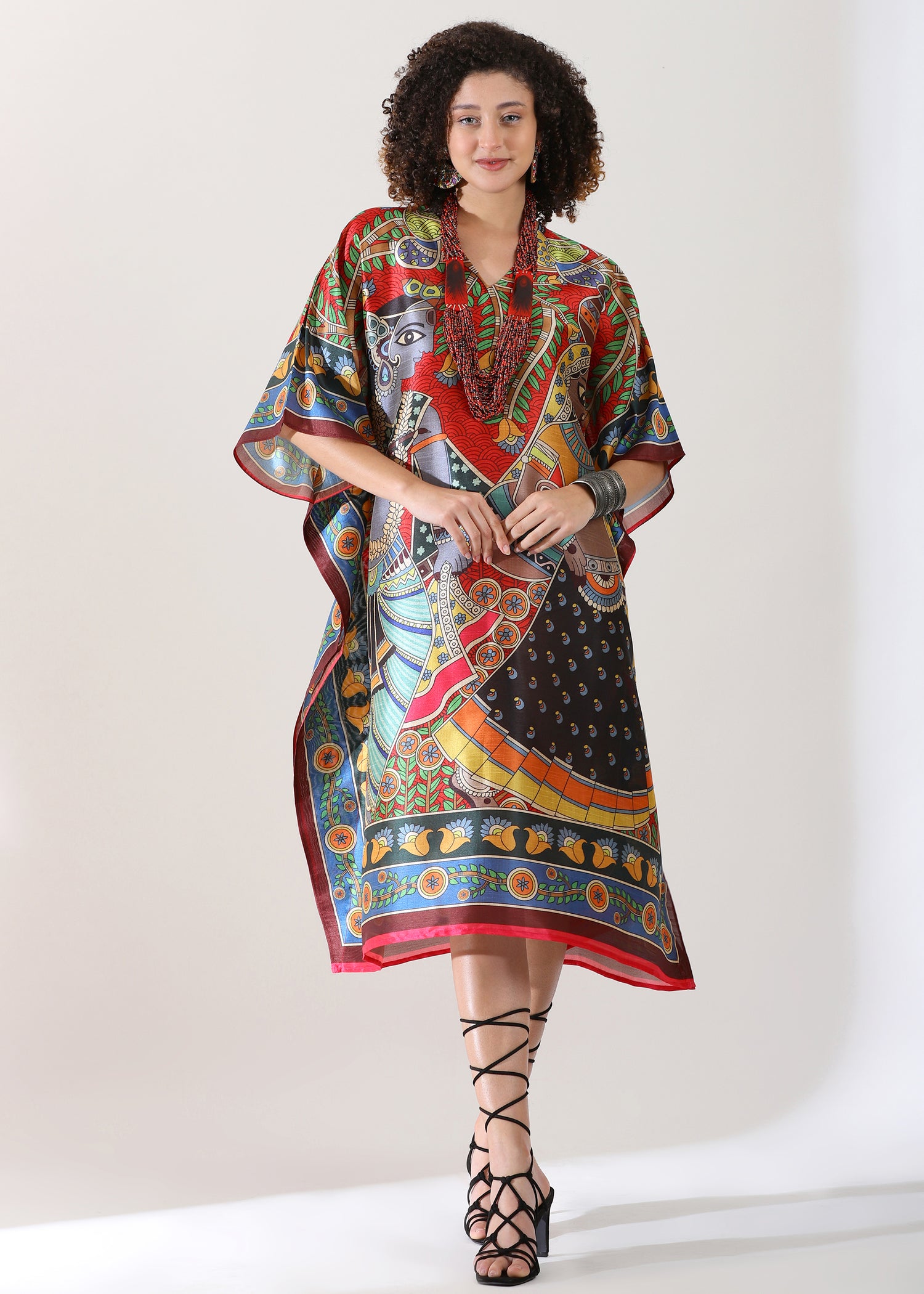 Madhubani Printed Stitched Kaftan Top : Maroon Red Viscose Silk, Calf Length, Free Size - Stylish &amp; Chic for Women