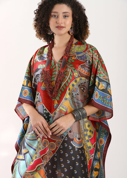 Madhubani Printed Stitched Kaftan Top : Maroon Red Viscose Silk, Calf Length, Free Size - Stylish &amp; Chic for Women