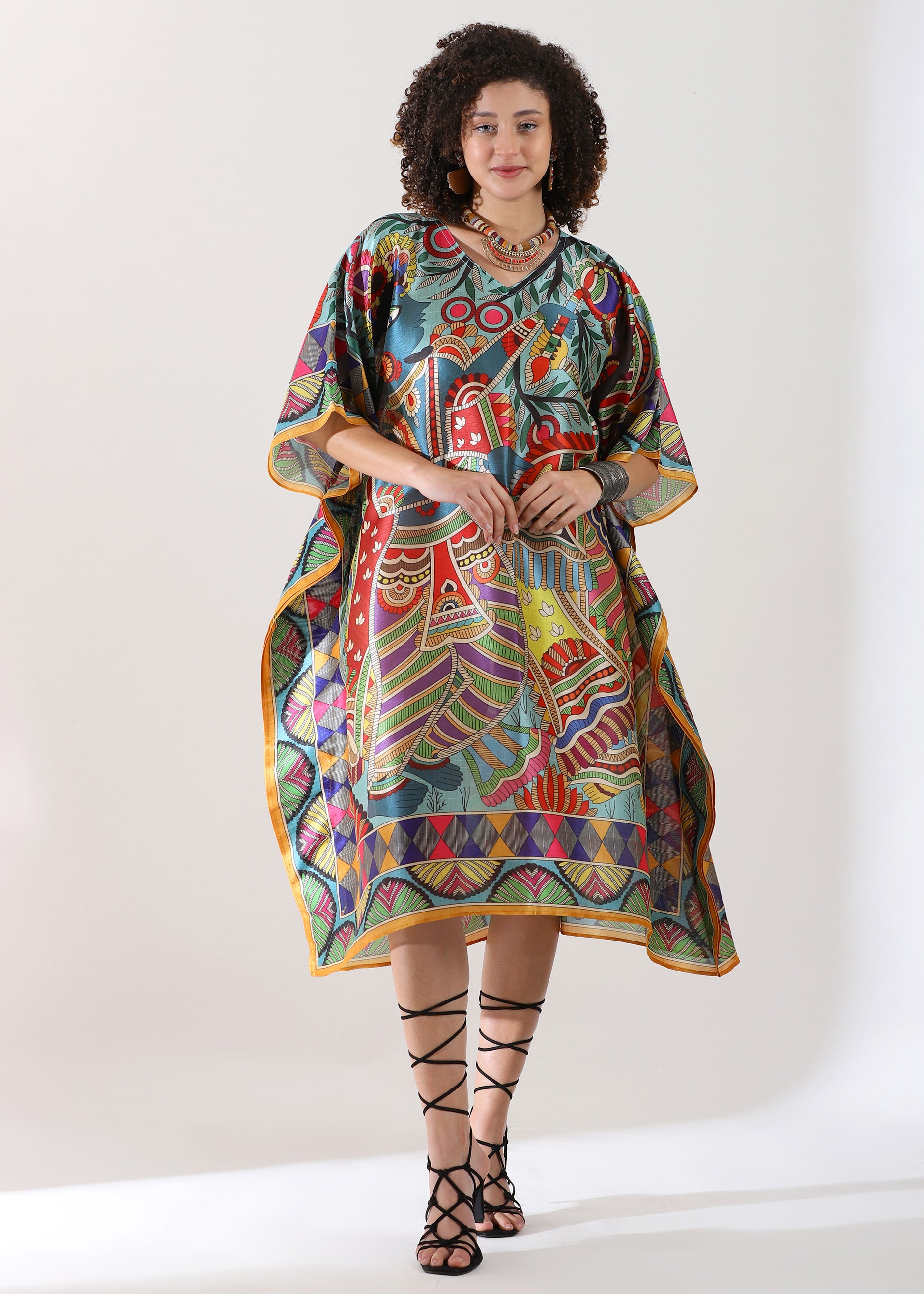 PIAAH Madhubani Printed Designer Kaftan: Fountain Blue Base, Viscose Silk, Calf Length, Free Size - Stylish &amp; Chic for Women