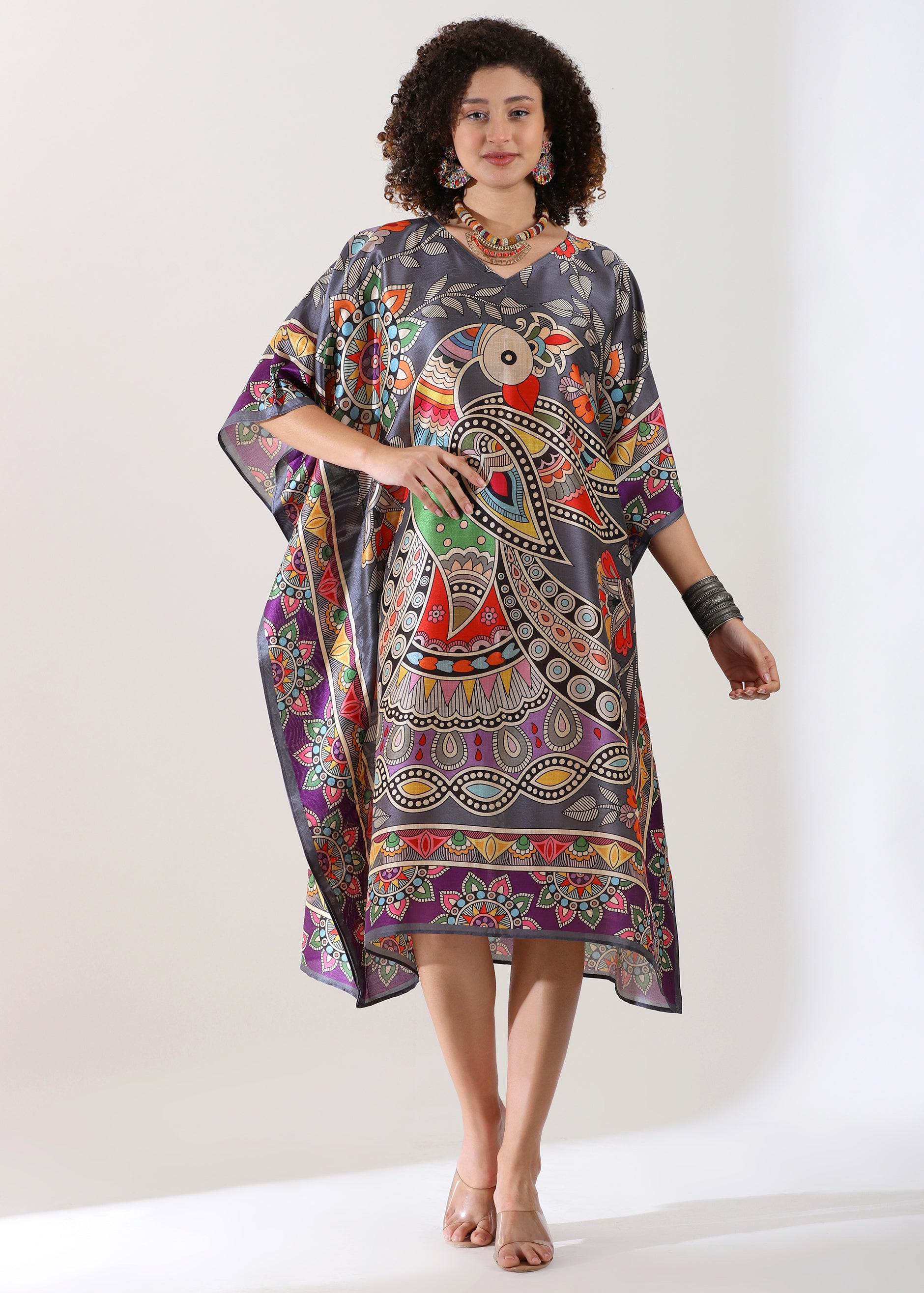 Madhubani Printed Designer Kaftan: Gray Base, Viscose Silk, Calf Length, Free Size - Stylish &amp; Chic for Women