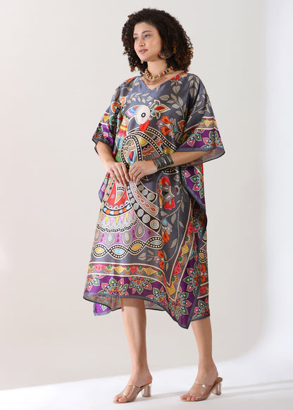 Madhubani Printed Designer Kaftan: Gray Base, Viscose Silk, Calf Length, Free Size - Stylish &amp; Chic for Women