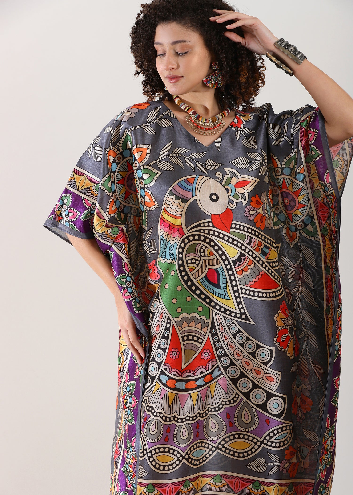 Madhubani Printed Designer Kaftan: Gray Base, Viscose Silk, Calf Length, Free Size - Stylish &amp; Chic for Women