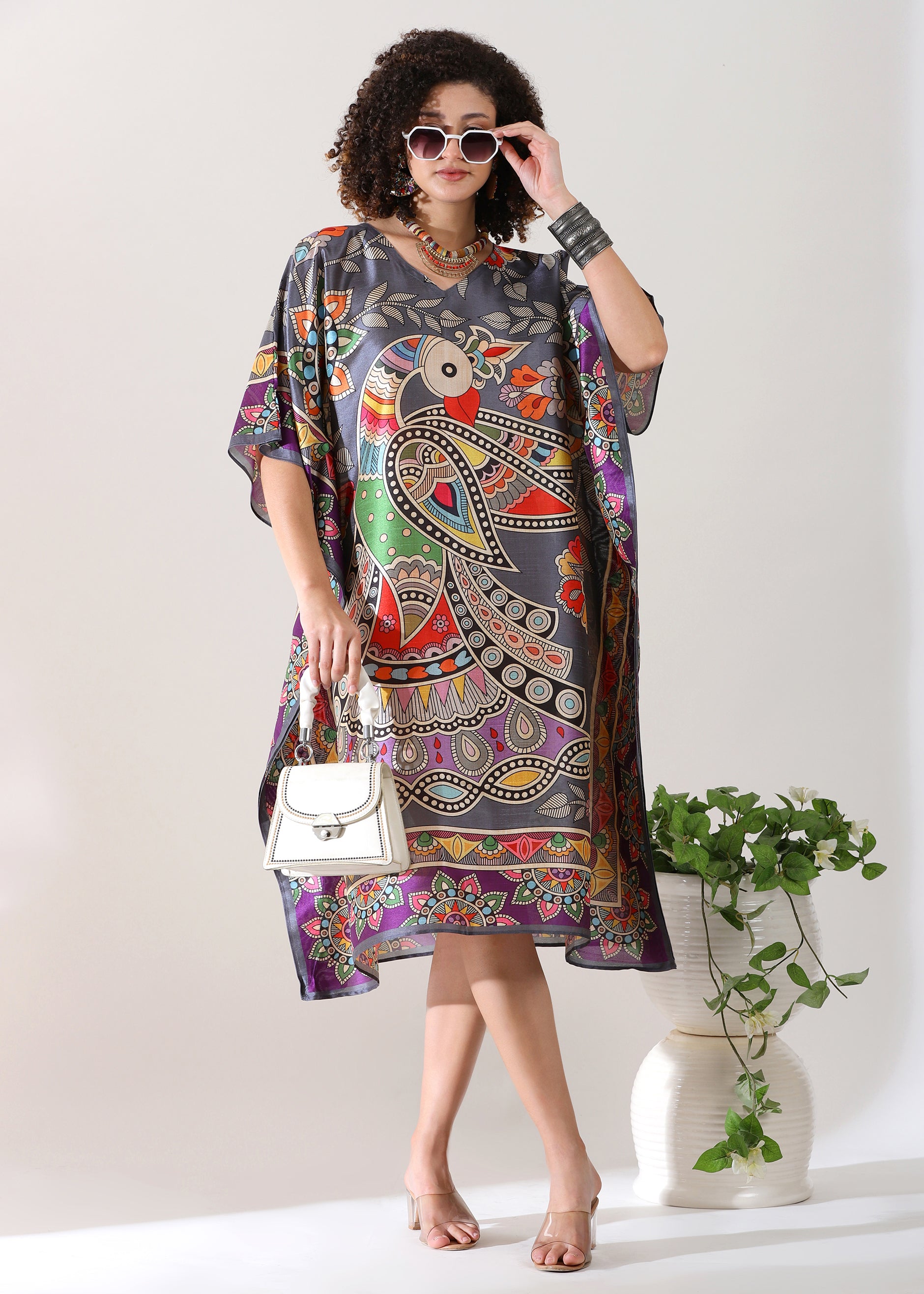 Madhubani Printed Designer Kaftan: Gray Base, Viscose Silk, Calf Length, Free Size - Stylish &amp; Chic for Women