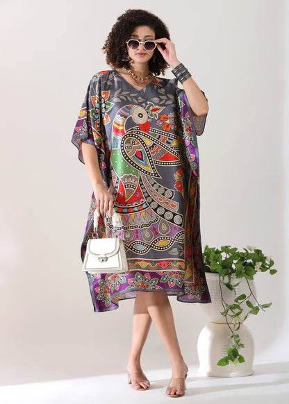 Madhubani Printed Designer Kaftan: Gray Base, Viscose Silk, Calf Length, Free Size - Stylish &amp; Chic for Women