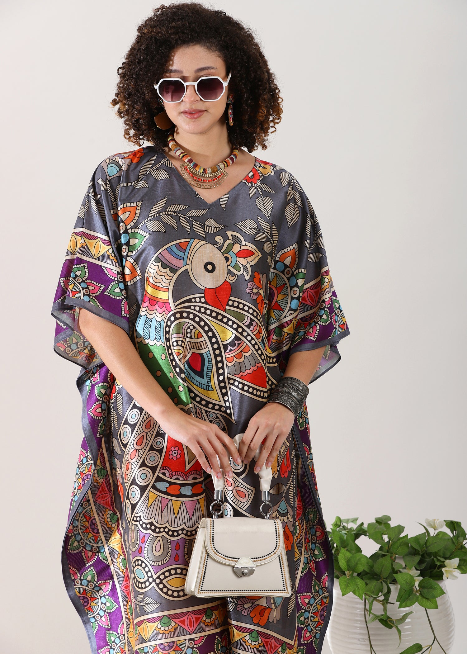 Madhubani Printed Designer Kaftan: Gray Base, Viscose Silk, Calf Length, Free Size - Stylish &amp; Chic for Women