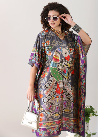 Madhubani Printed Designer Kaftan: Gray Base, Viscose Silk, Calf Length, Free Size - Stylish &amp; Chic for Women