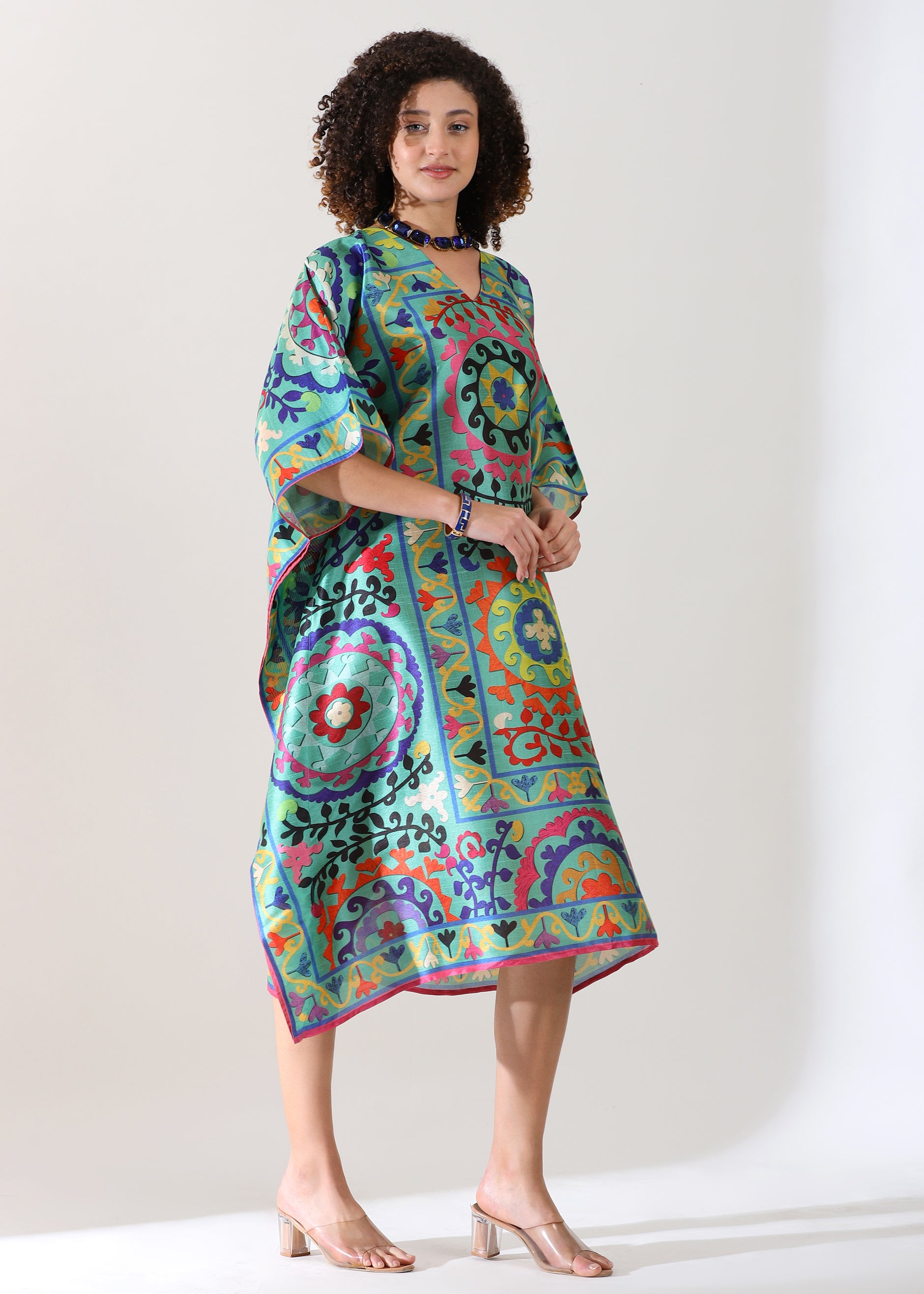 Madhubani Printed Stitched Kaftan: Green Base, Viscose Silk, Calf Length, Free Size - Stylish &amp; Chic for Women