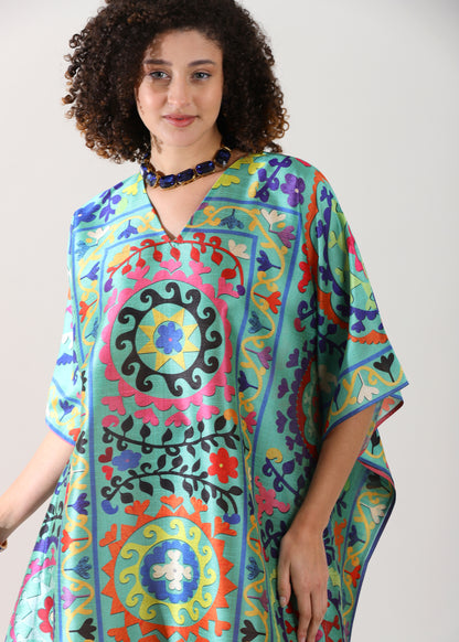 Madhubani Printed Stitched Kaftan: Green Base, Viscose Silk, Calf Length, Free Size - Stylish &amp; Chic for Women