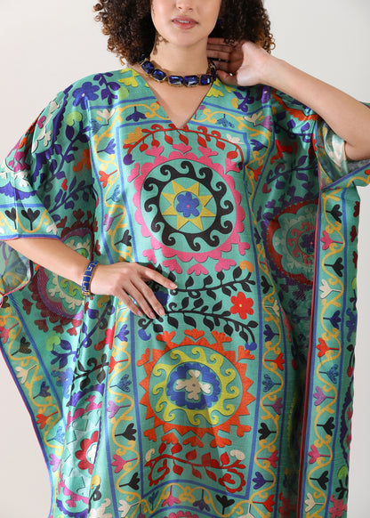 Madhubani Printed Stitched Kaftan: Green Base, Viscose Silk, Calf Length, Free Size - Stylish &amp; Chic for Women