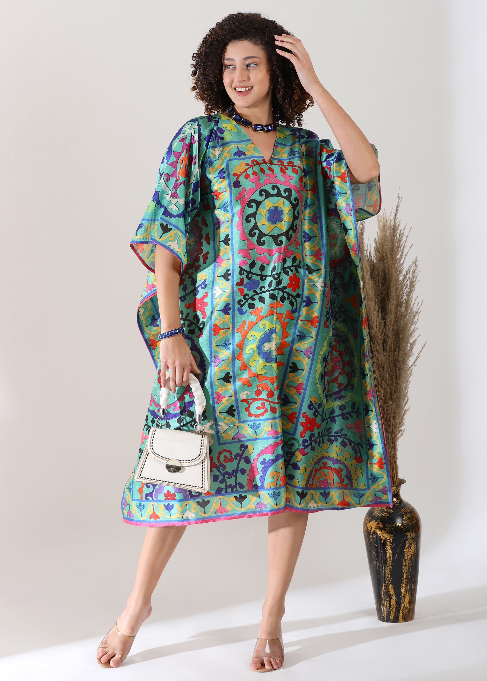 Madhubani Printed Stitched Kaftan: Green Base, Viscose Silk, Calf Length, Free Size - Stylish &amp; Chic for Women