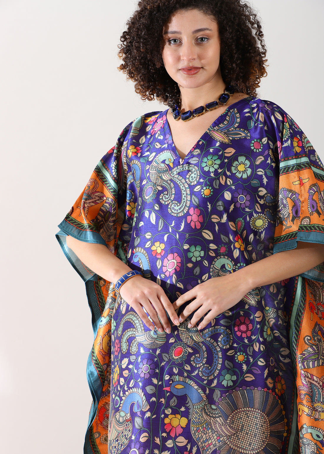 Bohemian Peacock &amp; Floral Print Kaftan Dress - Navy Blue and Orange Tunic