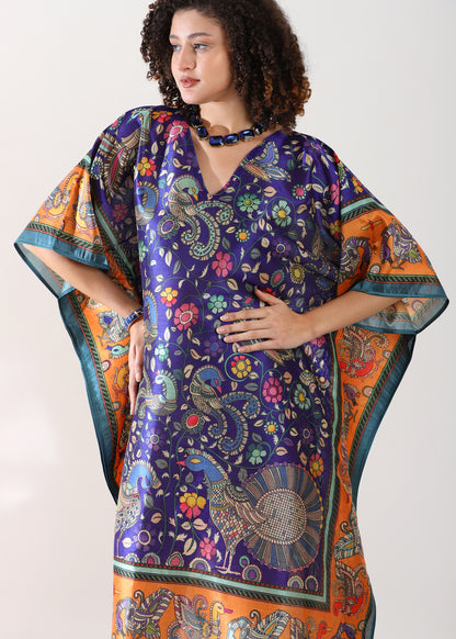 Madhubani Printed Stitched Top Kaftan: Indigo Blue Viscose Silk, Calf Length, Free Size - Stylish &amp; Chic for Women