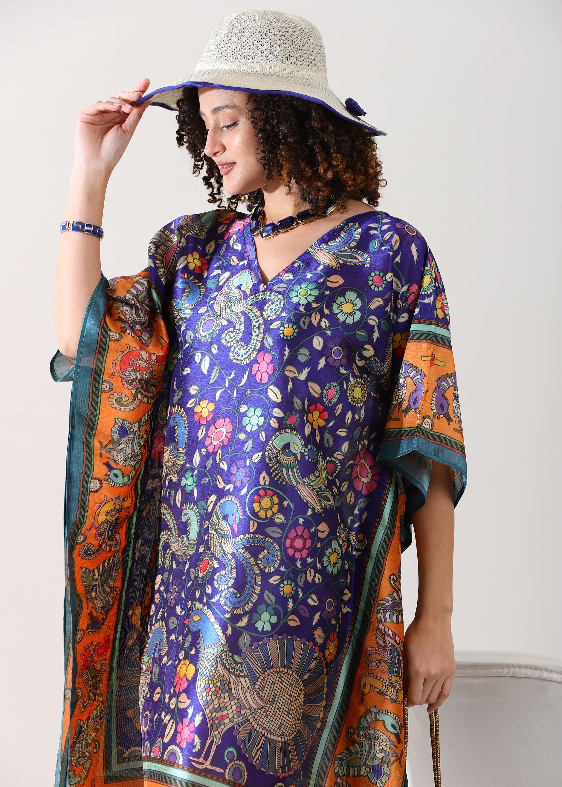 Madhubani Printed Stitched Top Kaftan: Indigo Blue Viscose Silk, Calf Length, Free Size - Stylish &amp; Chic for Women