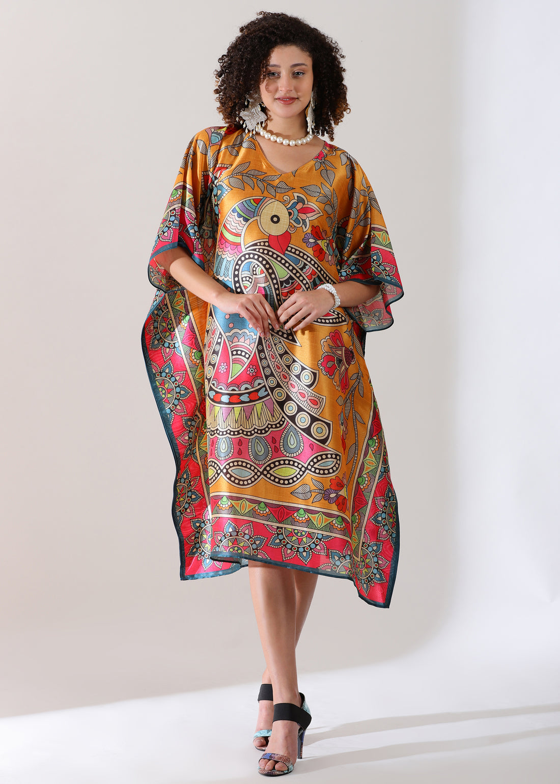 Madhubani Printed Designer Kaftan: Sunrise orange Base, Viscose Silk, Calf Length, Free Size - Stylish &amp; Chic for women