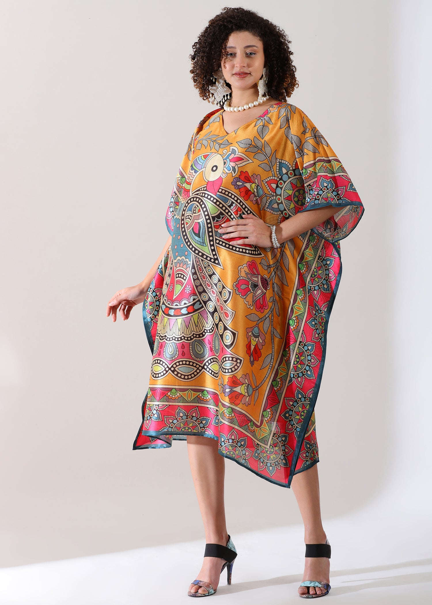 Madhubani Printed Designer Kaftan: Sunrise orange Base, Viscose Silk, Calf Length, Free Size - Stylish &amp; Chic for women