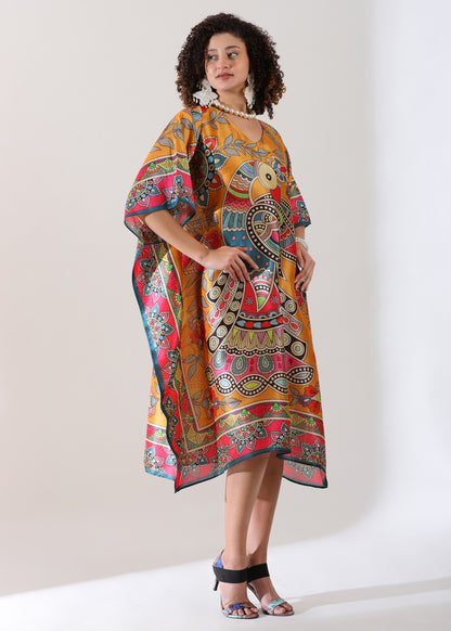 Madhubani Printed Designer Kaftan: Sunrise orange Base, Viscose Silk, Calf Length, Free Size - Stylish &amp; Chic for women