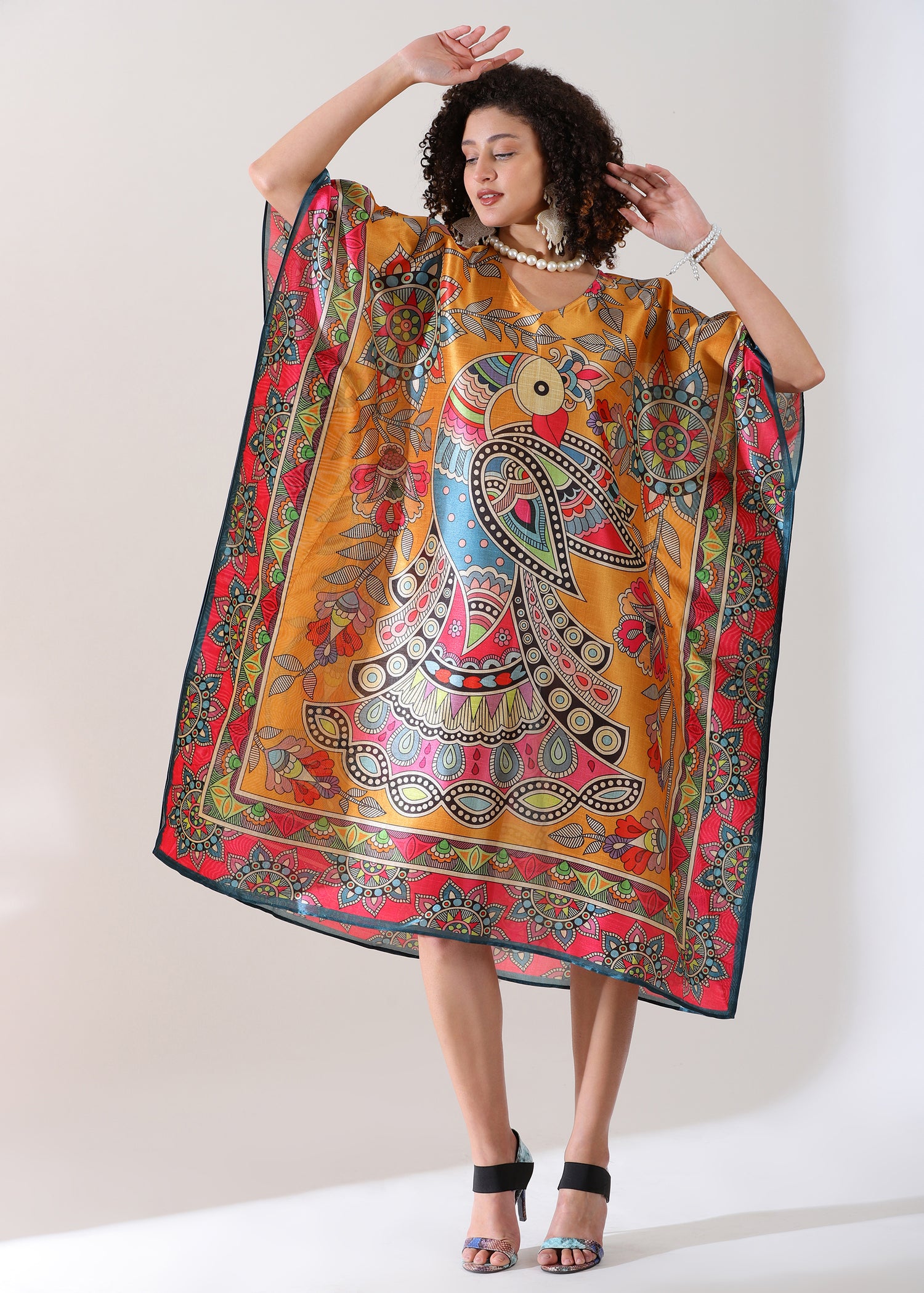 Madhubani Printed Designer Kaftan: Sunrise orange Base, Viscose Silk, Calf Length, Free Size - Stylish &amp; Chic for women