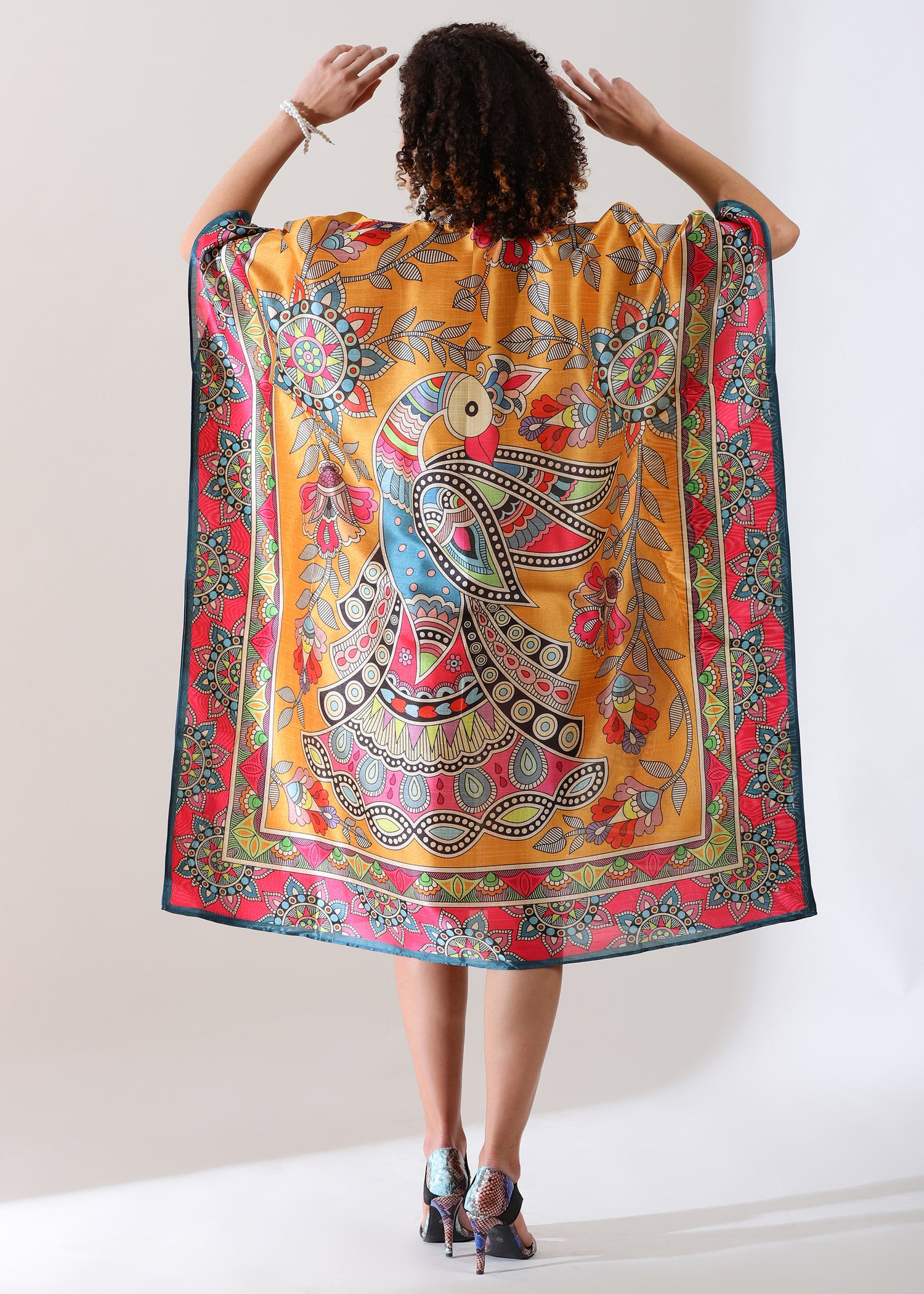 Madhubani Printed Designer Kaftan: Sunrise orange Base, Viscose Silk, Calf Length, Free Size - Stylish &amp; Chic for women