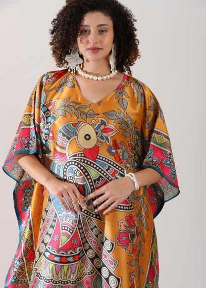 Madhubani Printed Designer Kaftan: Sunrise orange Base, Viscose Silk, Calf Length, Free Size - Stylish &amp; Chic for women