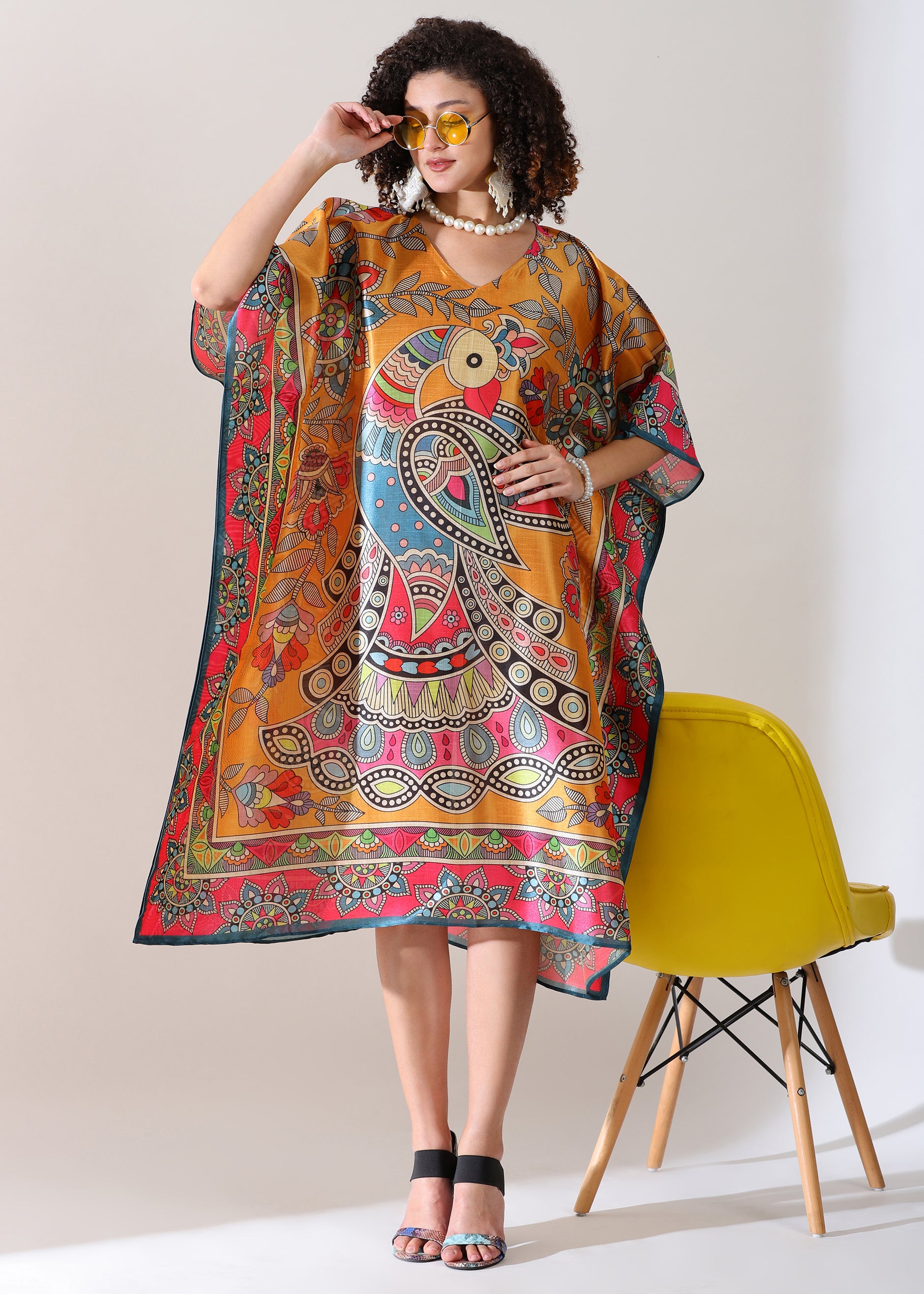 Madhubani Printed Designer Kaftan: Sunrise orange Base, Viscose Silk, Calf Length, Free Size - Stylish &amp; Chic for women