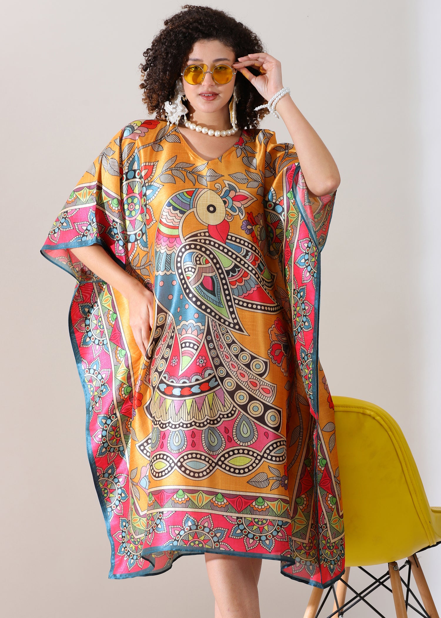 Madhubani Printed Designer Kaftan: Sunrise orange Base, Viscose Silk, Calf Length, Free Size - Stylish &amp; Chic for women