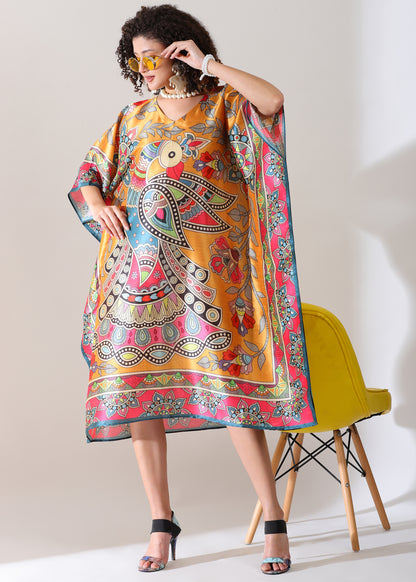 Madhubani Printed Designer Kaftan: Sunrise orange Base, Viscose Silk, Calf Length, Free Size - Stylish &amp; Chic for women