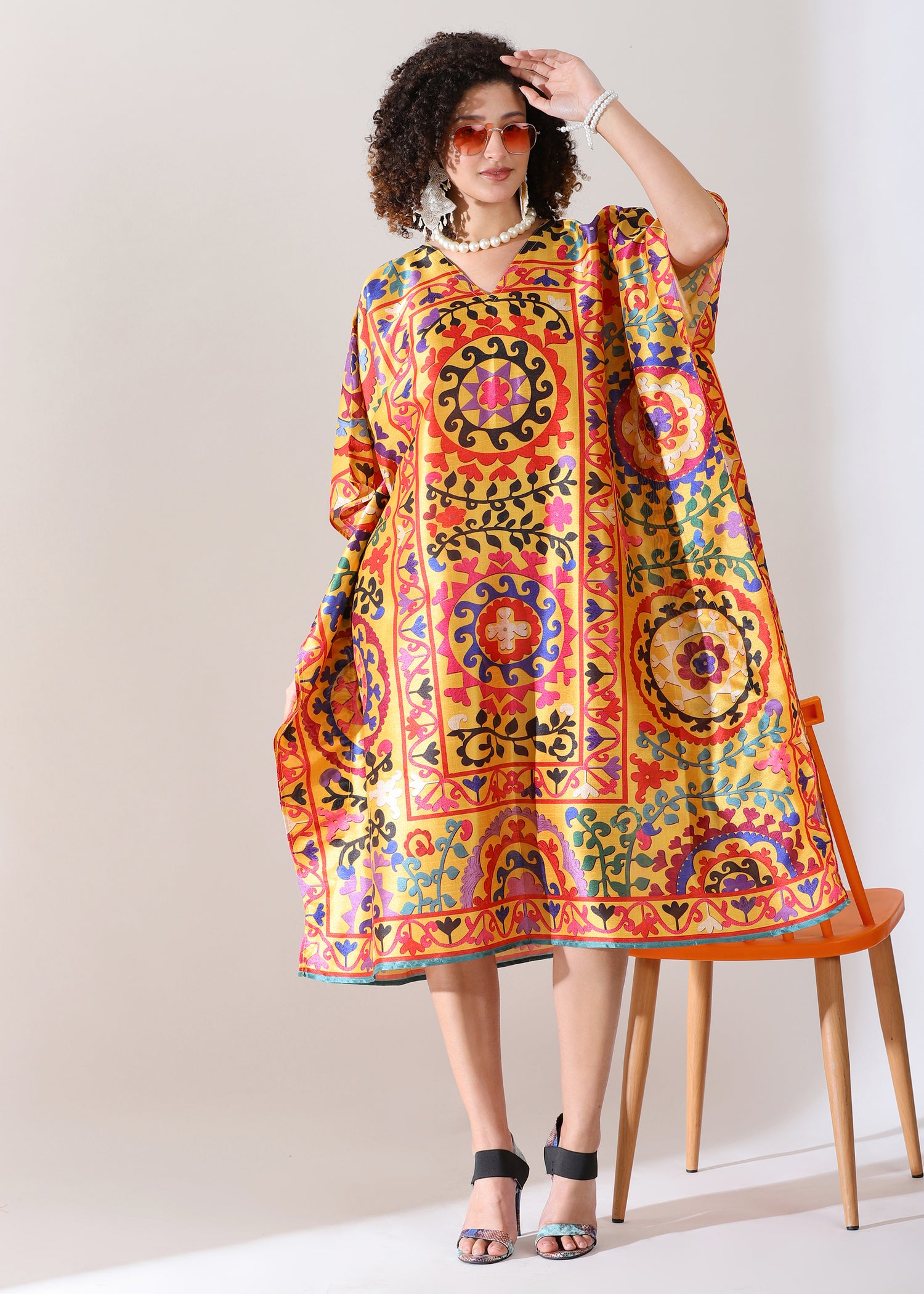 PIAAH Madhubani Printed Stitched Kaftan Top : Earthen Beige, Viscose Silk, Calf Length, Free Size - Stylish &amp; Chic for Women