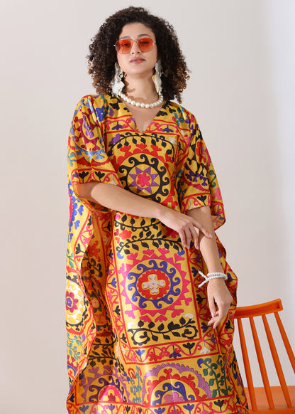 PIAAH Madhubani Printed Stitched Kaftan Top : Earthen Beige, Viscose Silk, Calf Length, Free Size - Stylish &amp; Chic for Women