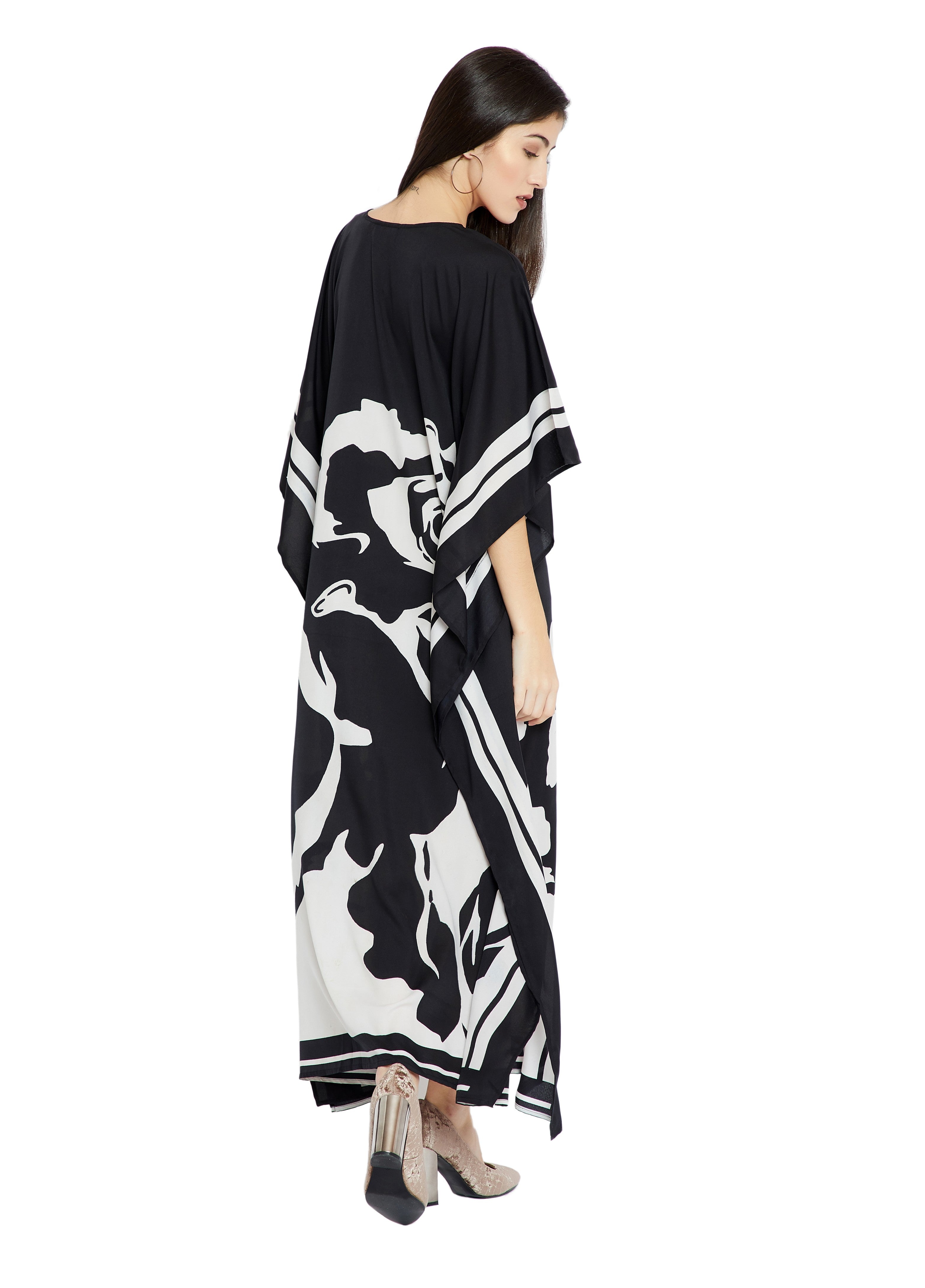 Soft Satin Silk Black &amp; White Full Length Kaftan