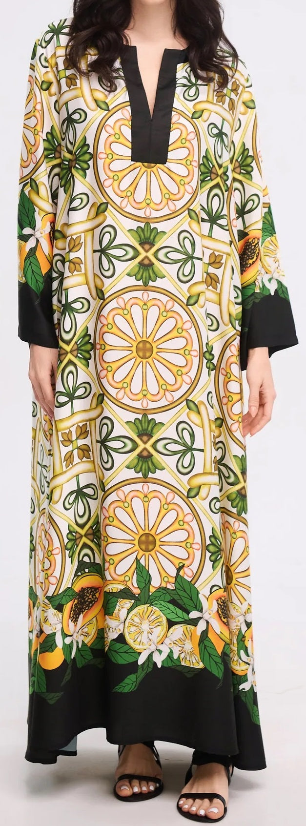 Sicilian Mosaic &amp; Citrus Print Maxi Kaftan Dress – Ivory V-Neck Bell Sleeve Gown