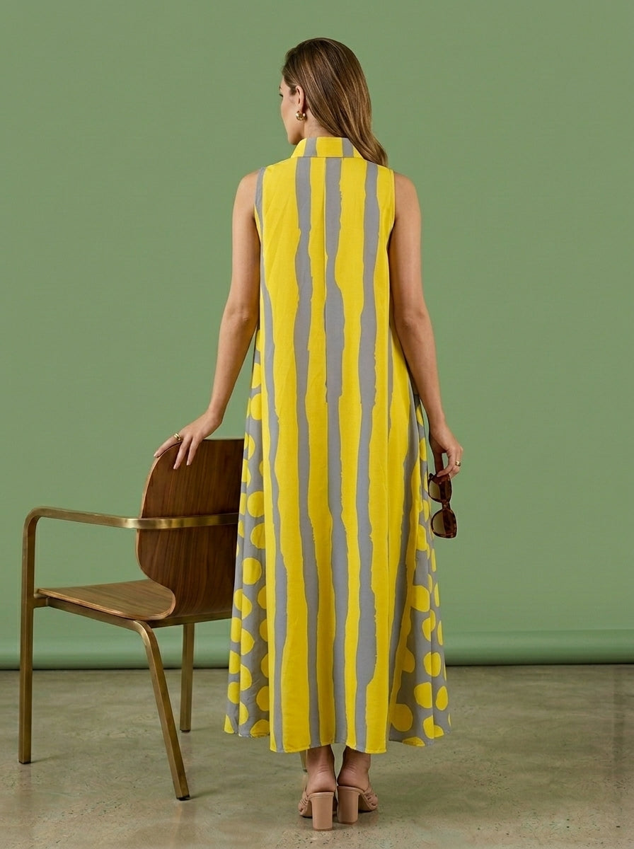Yellow &amp; Grey Abstract Stripe and Polka Dot Print Sleeveless Maxi Dress