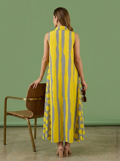 Yellow &amp; Grey Abstract Stripe and Polka Dot Print Sleeveless Maxi Dress