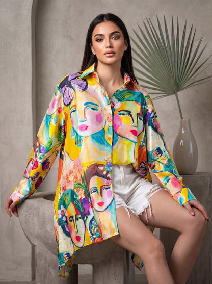 Yellow Multicolor Artistic High low  Casual Summer Shirt for Women