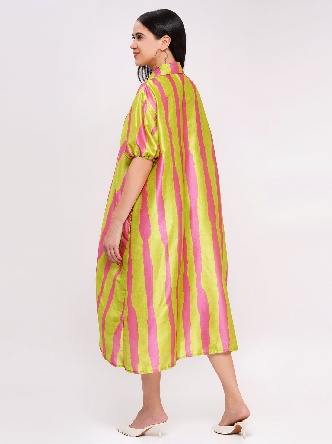 Women's Lime Green & Pink Striped Shirt Dress Oversized Button-Down Piaah Women's Lime Green & Pink Striped Shirt Dress Oversized Button-Down Piaah