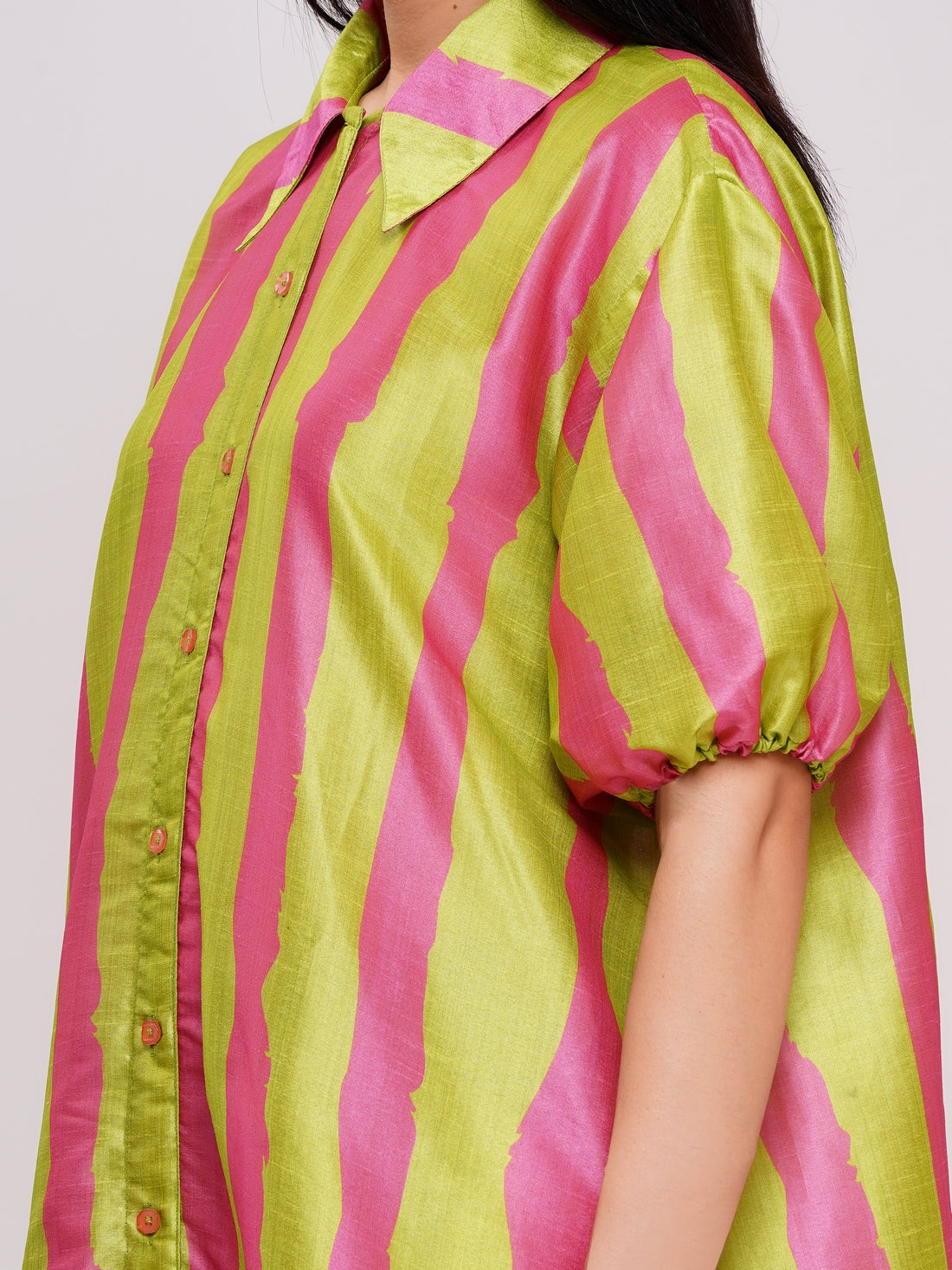 Women's Lime Green & Pink Striped Shirt Dress Oversized Button-Down Piaah Women's Lime Green & Pink Striped Shirt Dress Oversized Button-Down Piaah