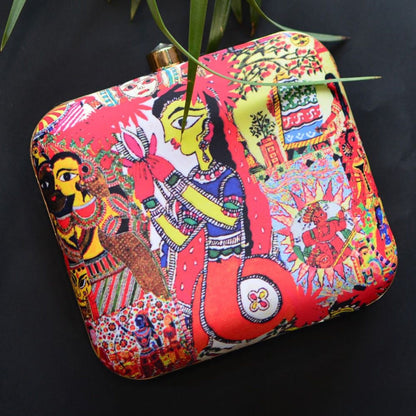 Madhubani Art Print Hard Case Box Clutch for Women