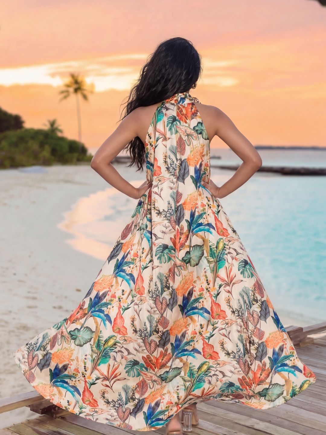 Tropical Floral Halter Maxi Dress - Elegant Satin Flowing Resort Wear for Summer Vacations and Beach Weddings