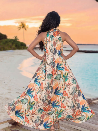 Tropical Floral Halter Maxi Dress - Elegant Satin Flowing Resort Wear for Summer Vacations and Beach Weddings