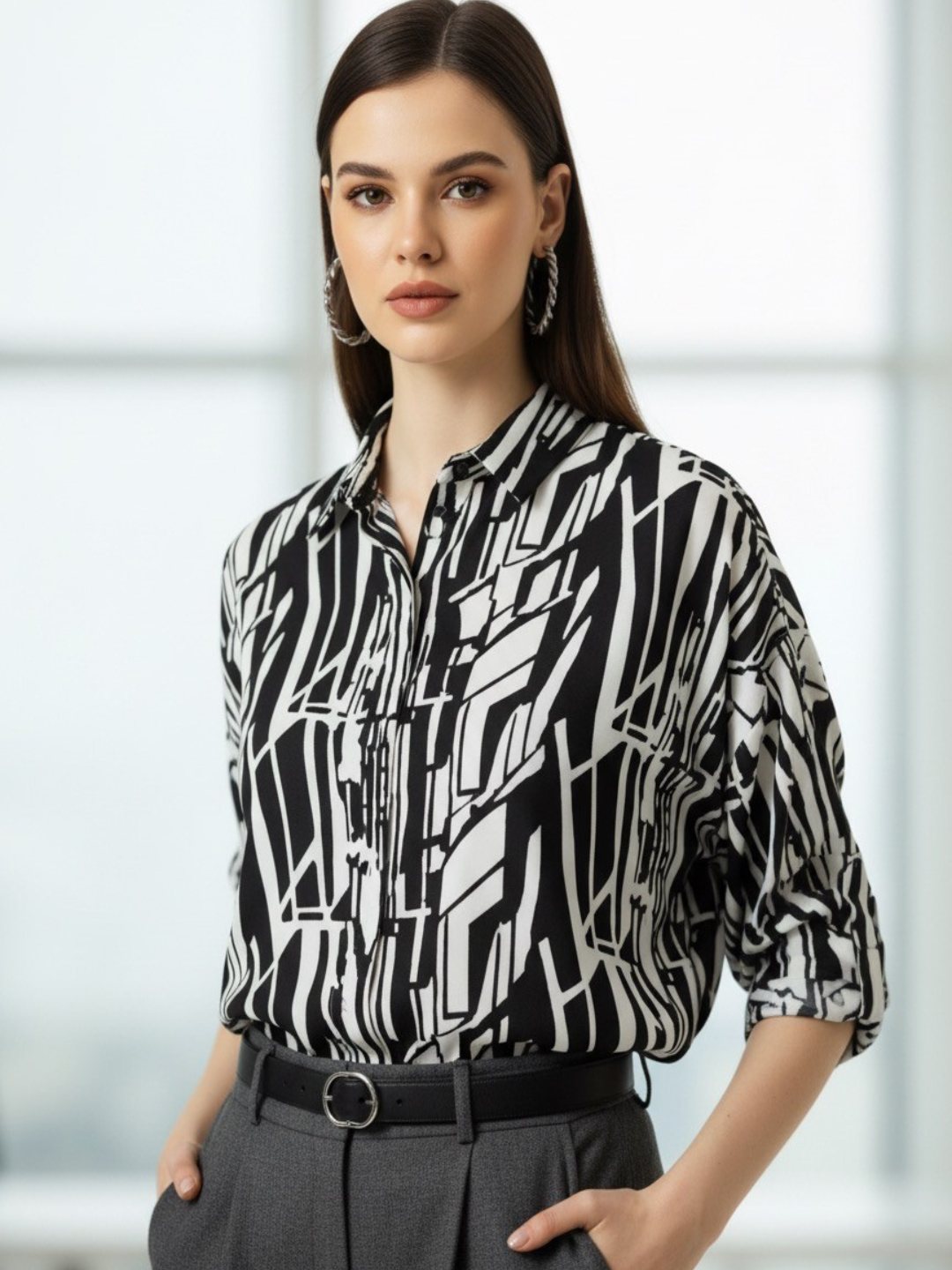 Professional Black &amp; White Abstract Print Button-Up Shirt - Women&