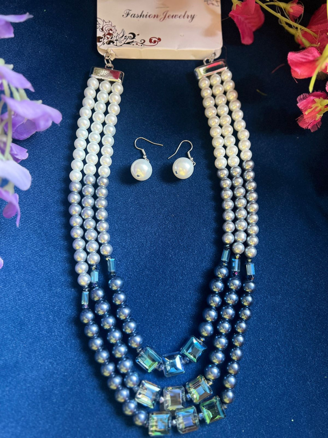 White Grey &amp; Blue Pearl Layered Necklace