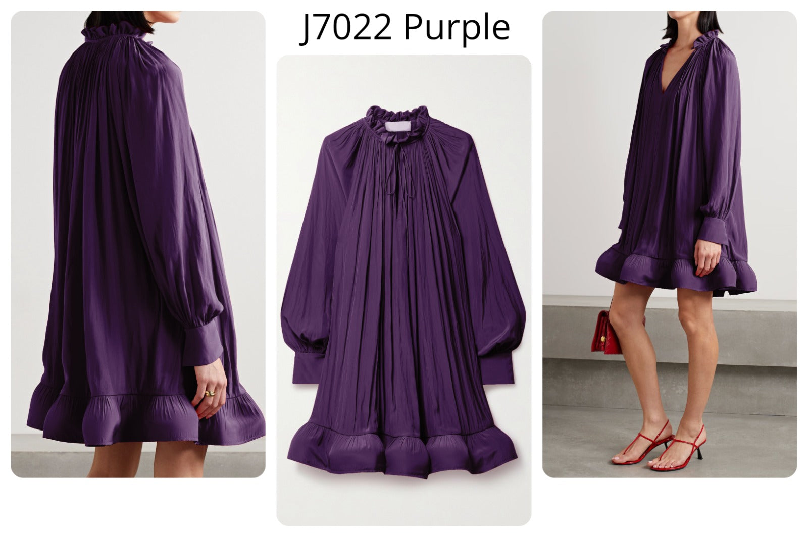 Romantic Ruffled High-Neck Mini Dress: Balloon Sleeve Maroon Babydoll Tunic