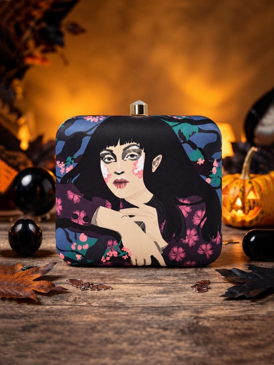 Black Artistic Girl Print Hard Shell Clutch Bag – Floral Multicolor Designer Evening Purse