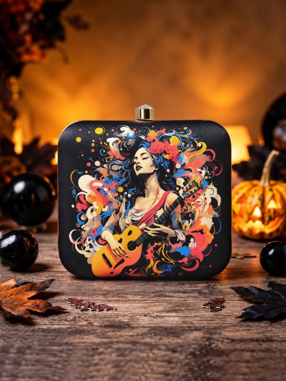 Black Artistic Guitar Print Hard Shell Clutch Bag – Colorful Musician ...