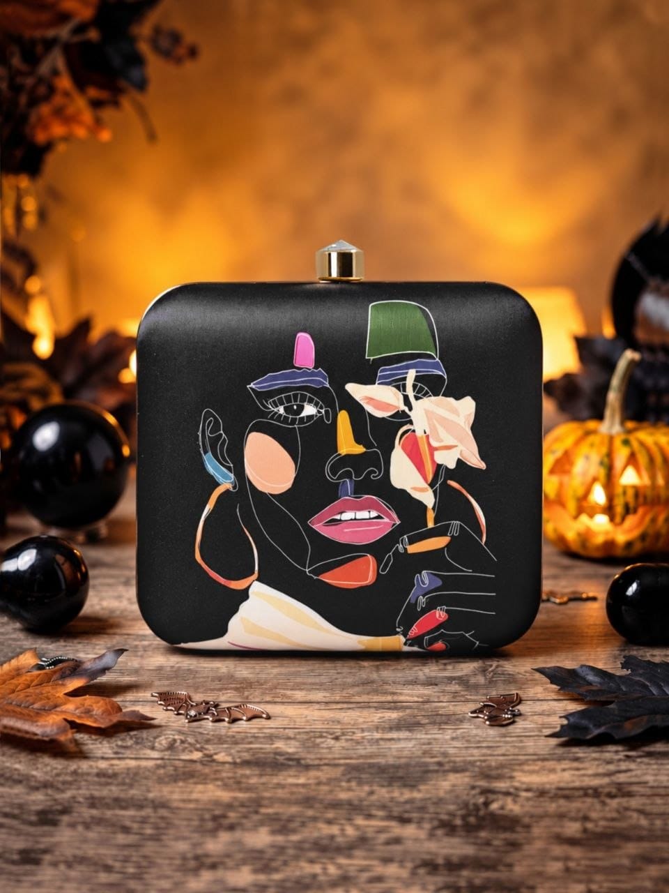 Elegant Black Artistic Face Design Clutch Bag for Women – Stylish Evening &amp; Party Handbag