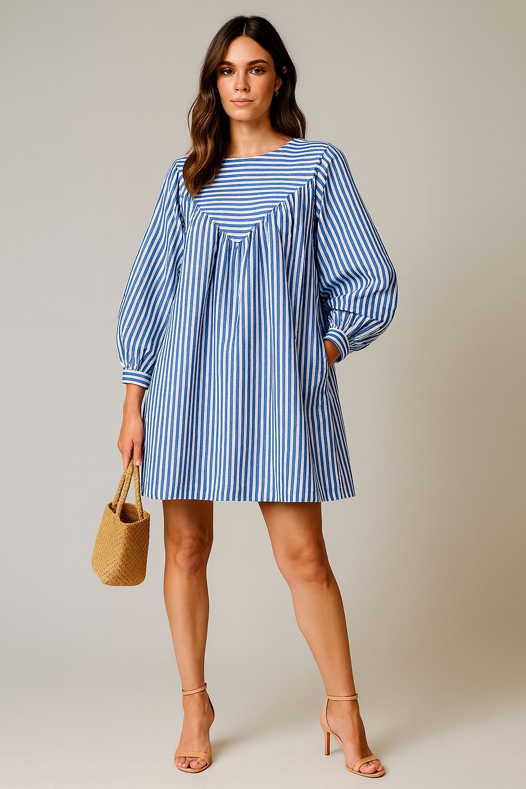 Striped Poplin Smock Dress with Balloon Sleeves Piaah Striped Poplin Smock Dress with Balloon Sleeves Piaah