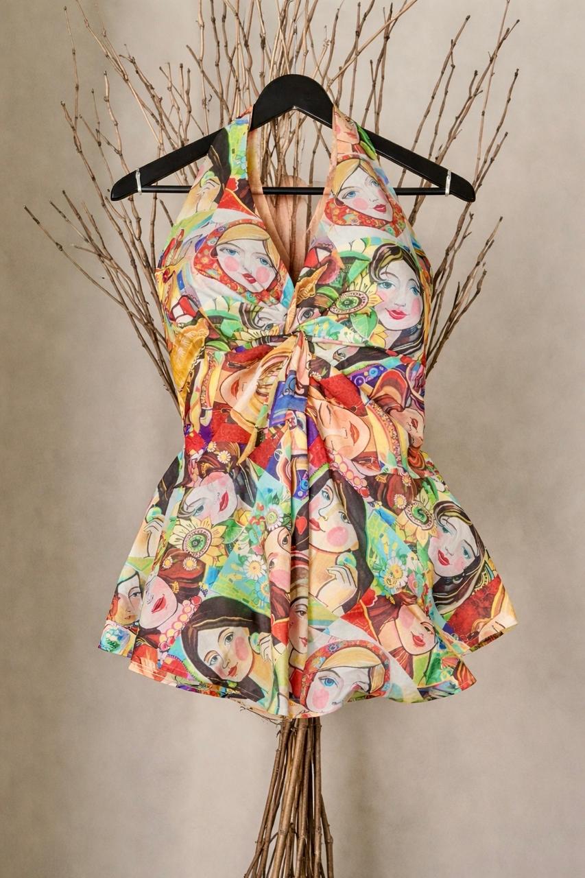 Vibrant Face Print Halter Peplum Blouse – Retro Pop Art Summer Top