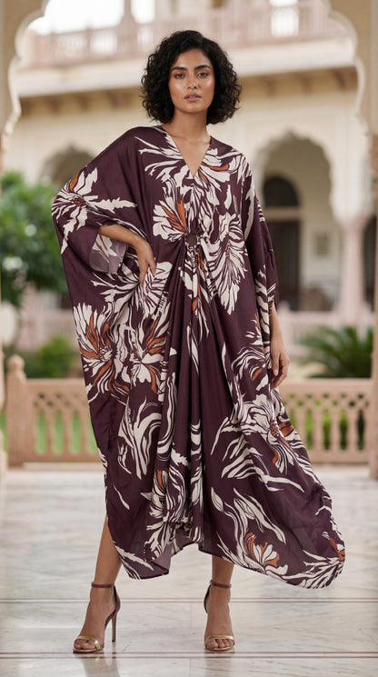 Elegant Printed Kaftan Maxi Dress with Flowing Silhouette