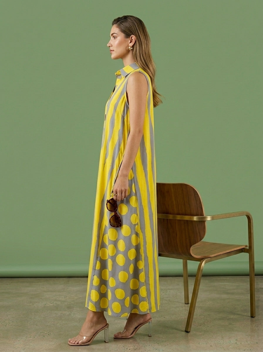 Yellow &amp; Grey Abstract Stripe and Polka Dot Print Sleeveless Maxi Dress