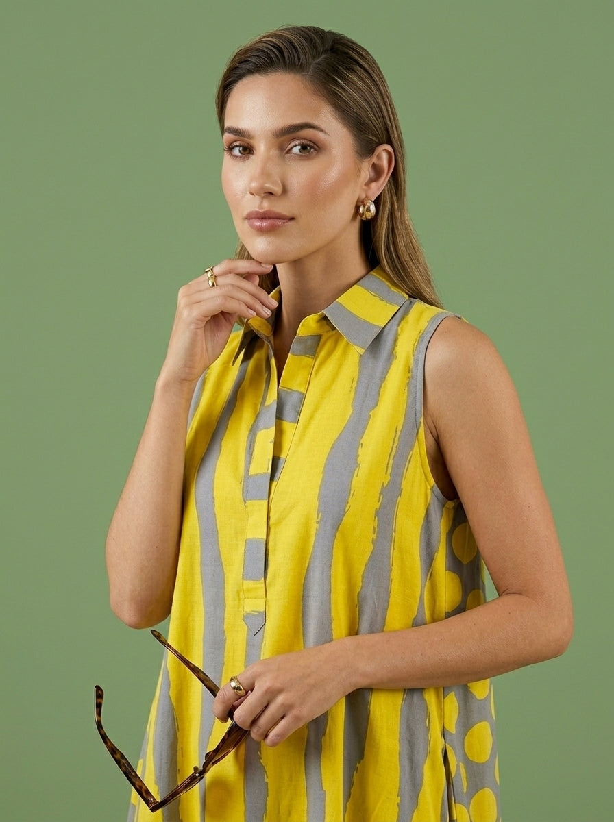Yellow &amp; Grey Abstract Stripe and Polka Dot Print Sleeveless Maxi Dress