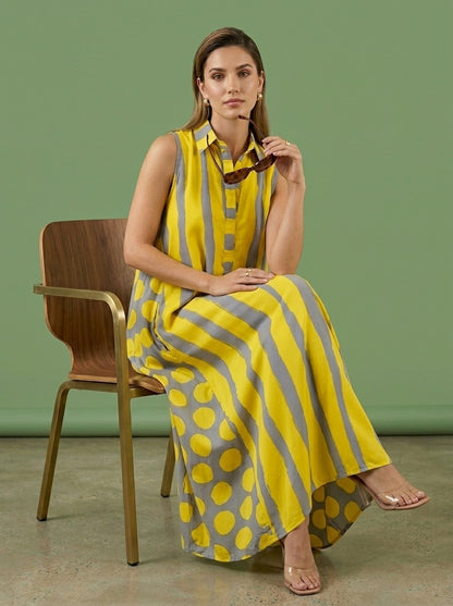 Yellow &amp; Grey Abstract Stripe and Polka Dot Print Sleeveless Maxi Dress